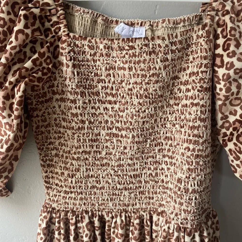 Ivy City Co. Wild One Smocked Boddice Leopard Print Puff Sleeve Velvet Dress